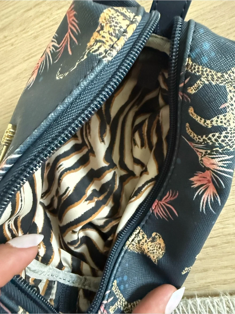 Leopard Print Cosmetic Pouch in Navy with Pink Accents